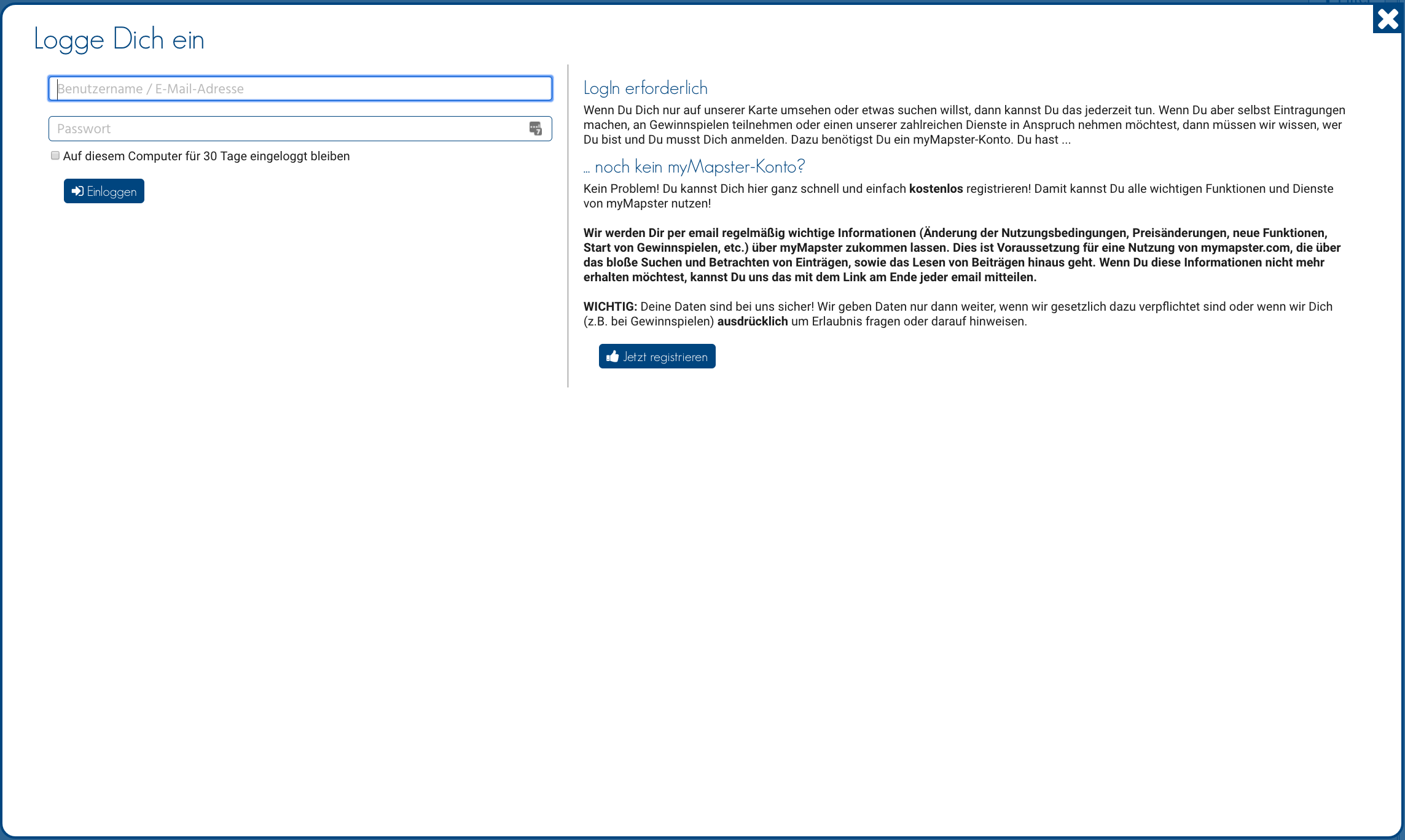 Fenster: LogIn / Registrierung